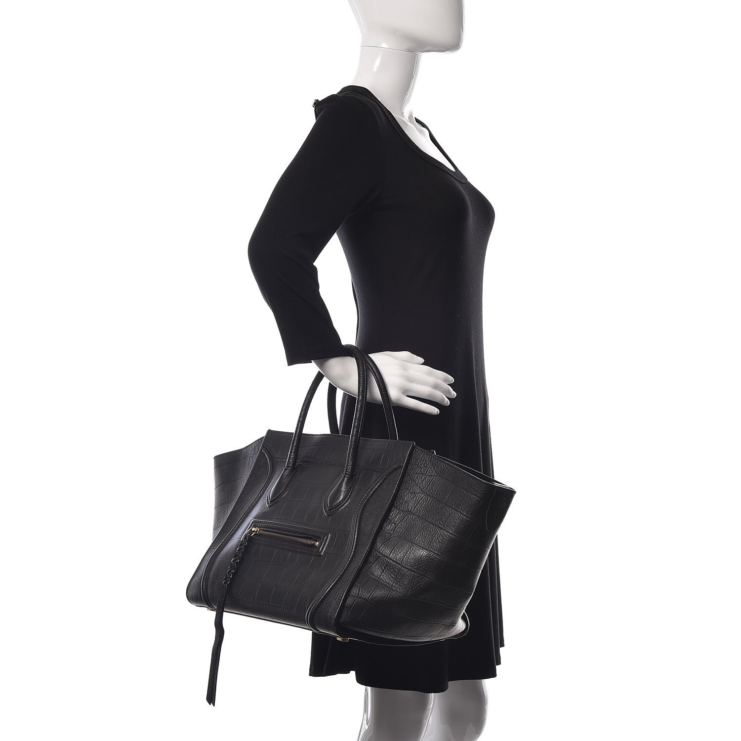 Celine Crocodile Embossed Calfskin Medium Phantom Luggage Black 2 of 17