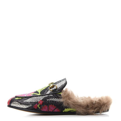 Gucci Brocade Fur Floral Womens Princetown Slippers 35.5 Black Anthracite 1 of 9