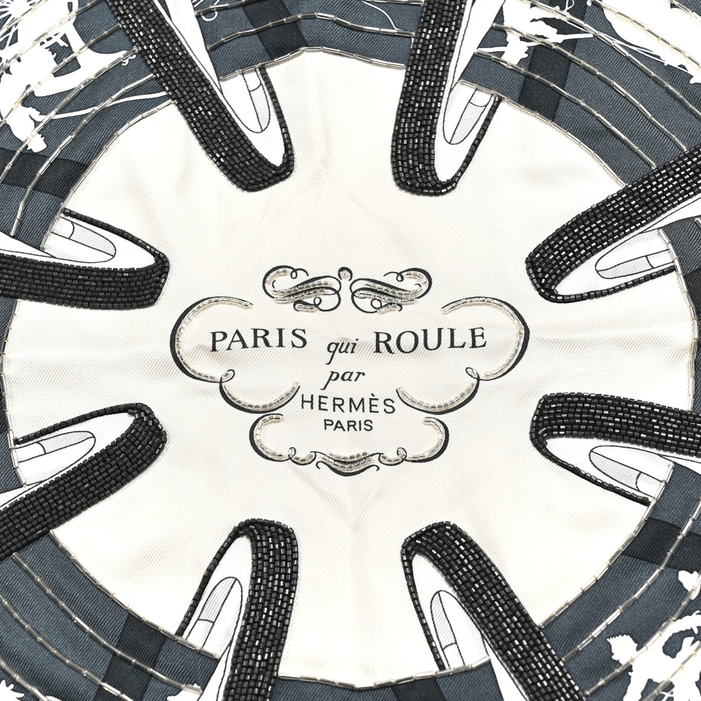 Silk Embroidered Paris Qui Roule Scarf 70  Ivoire Adoise