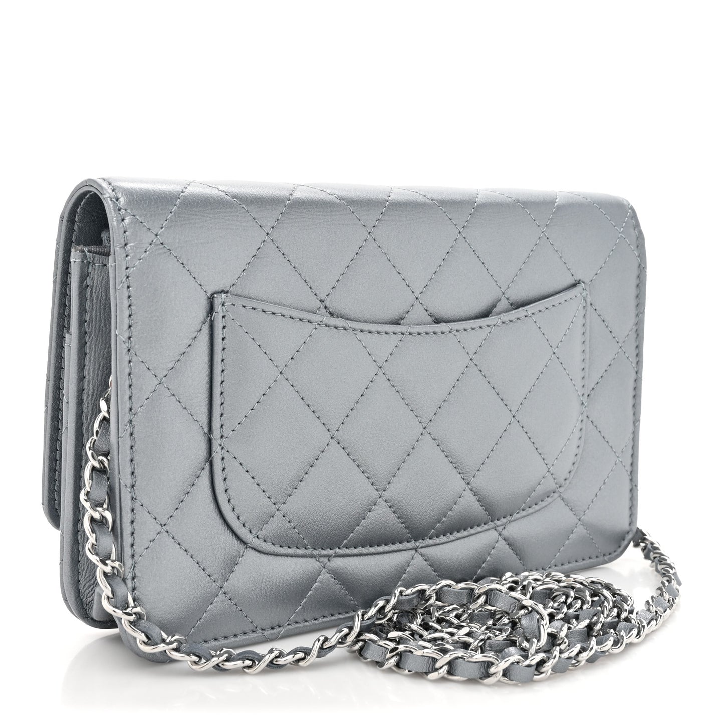Metallic Lambskin Quilted Wallet On Chain WOC Silver