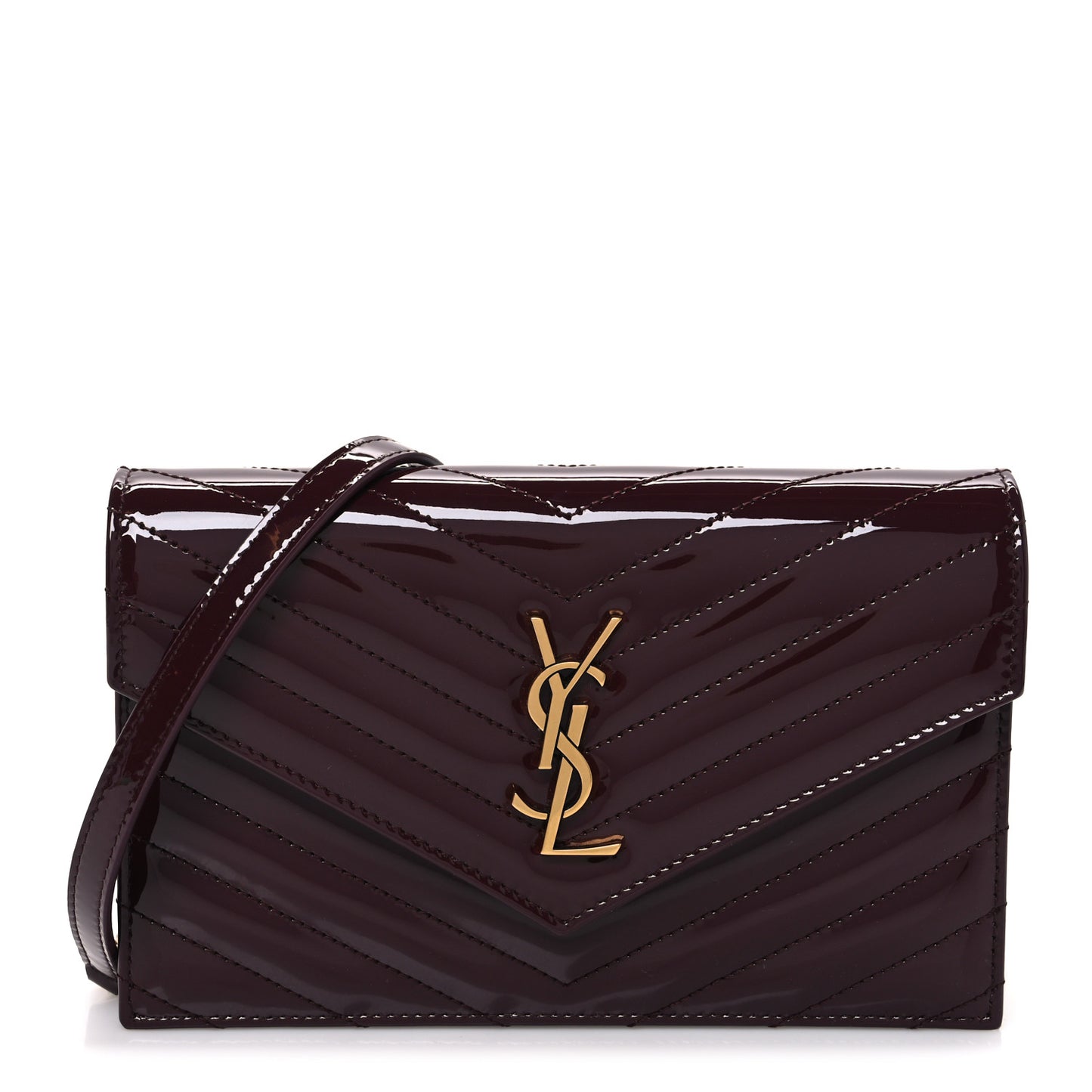 Patent Calfskin Matelasse Chevron Monogram Envelope Chain Wallet Dark Red Wine