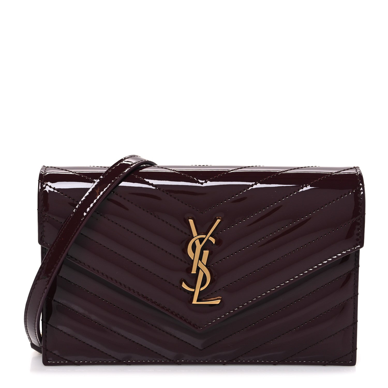 Saint Laurent Patent Calfskin Matelasse Chevron Monogram Envelope Chain Wallet Dark Red Wine 1 of 10