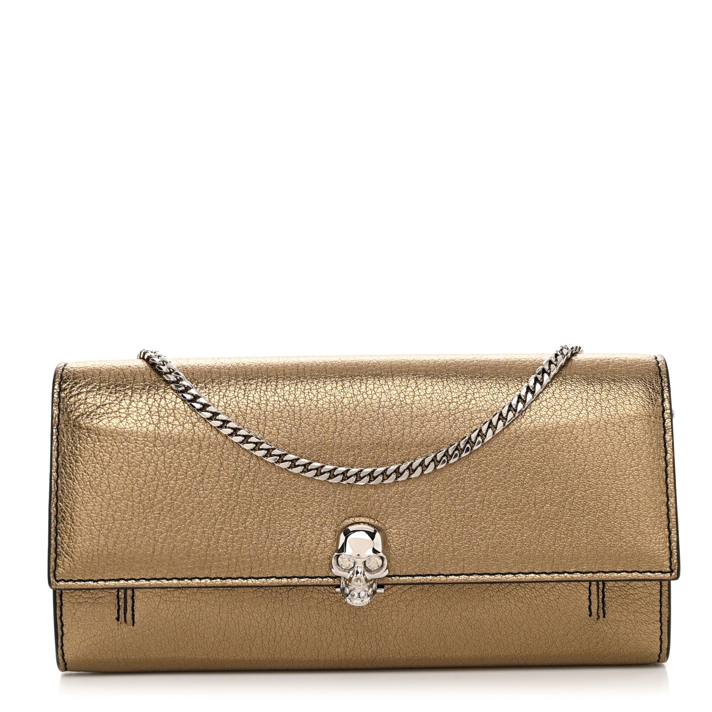 Metallic Pebbled Calfskin Skull Wallet on Chain Gold