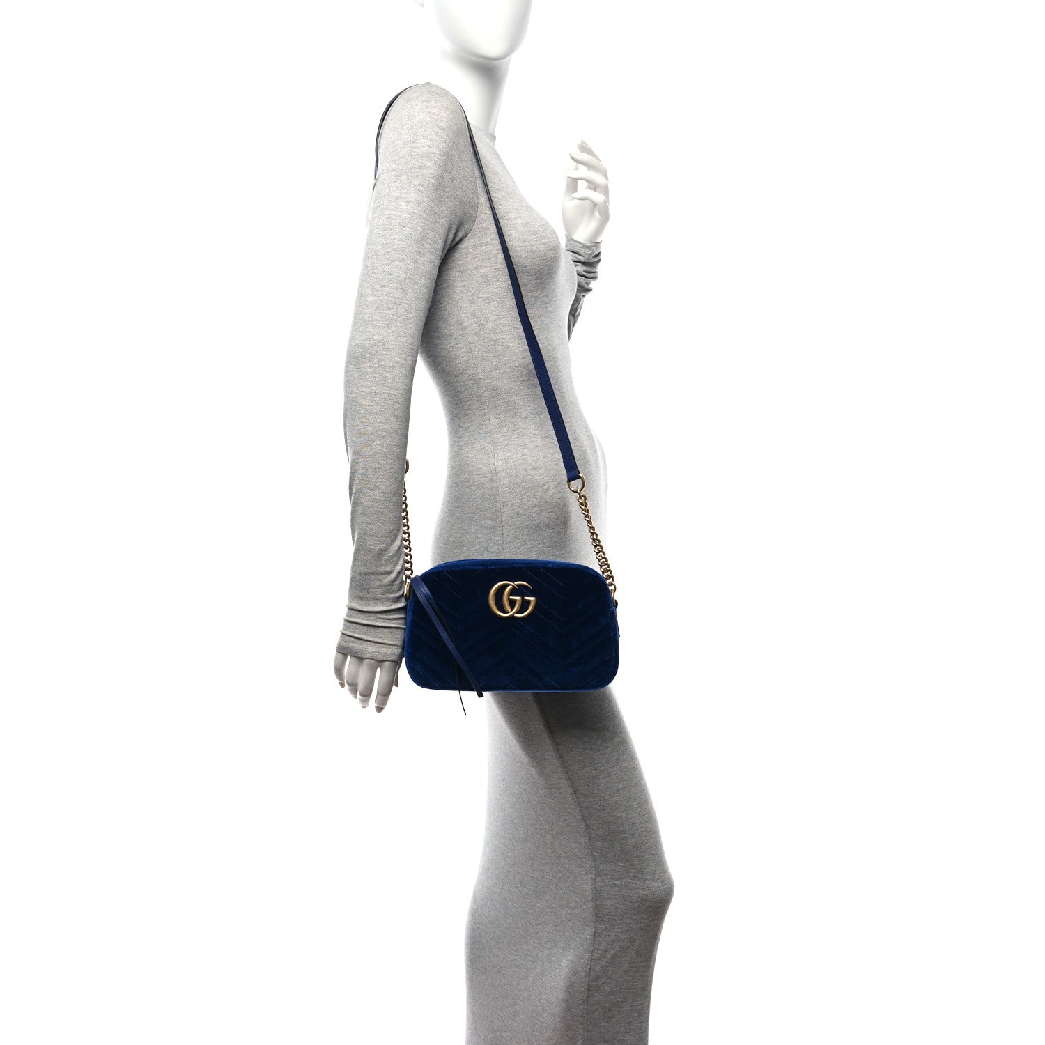 Gucci Velvet Matelasse Small GG Marmont Chain Shoulder Bag Cobalt 2 of 11