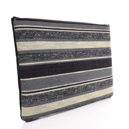 Chanel Striped Canvas Deauville Pouch Clutch Grey Black 3 of 7