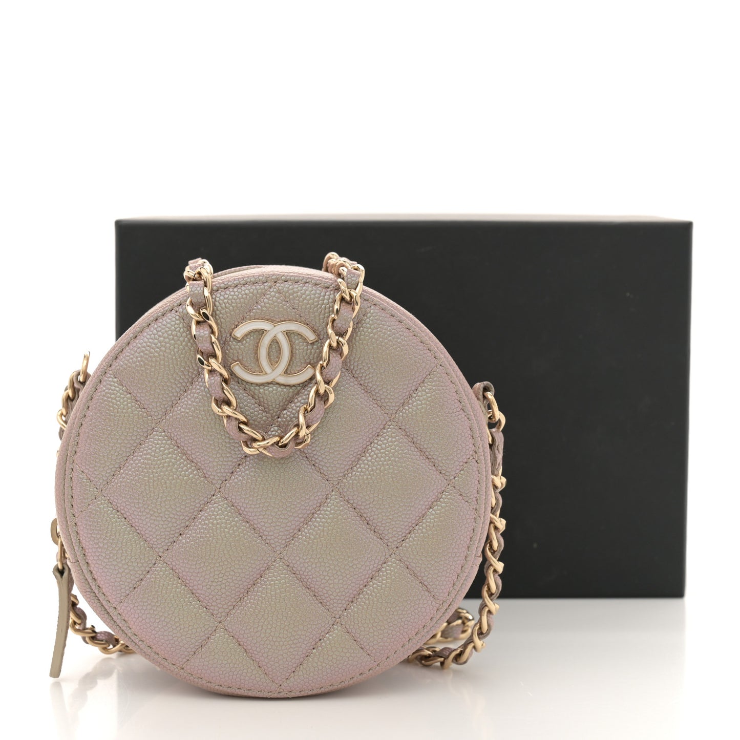Iridescent Caviar Resin Quilted Round Clutch With Chain Beige