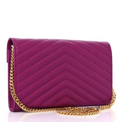 Saint Laurent Grain De Poudre Matelasse Chevron Monogram Chain Wallet Dark Grape 3 of 12
