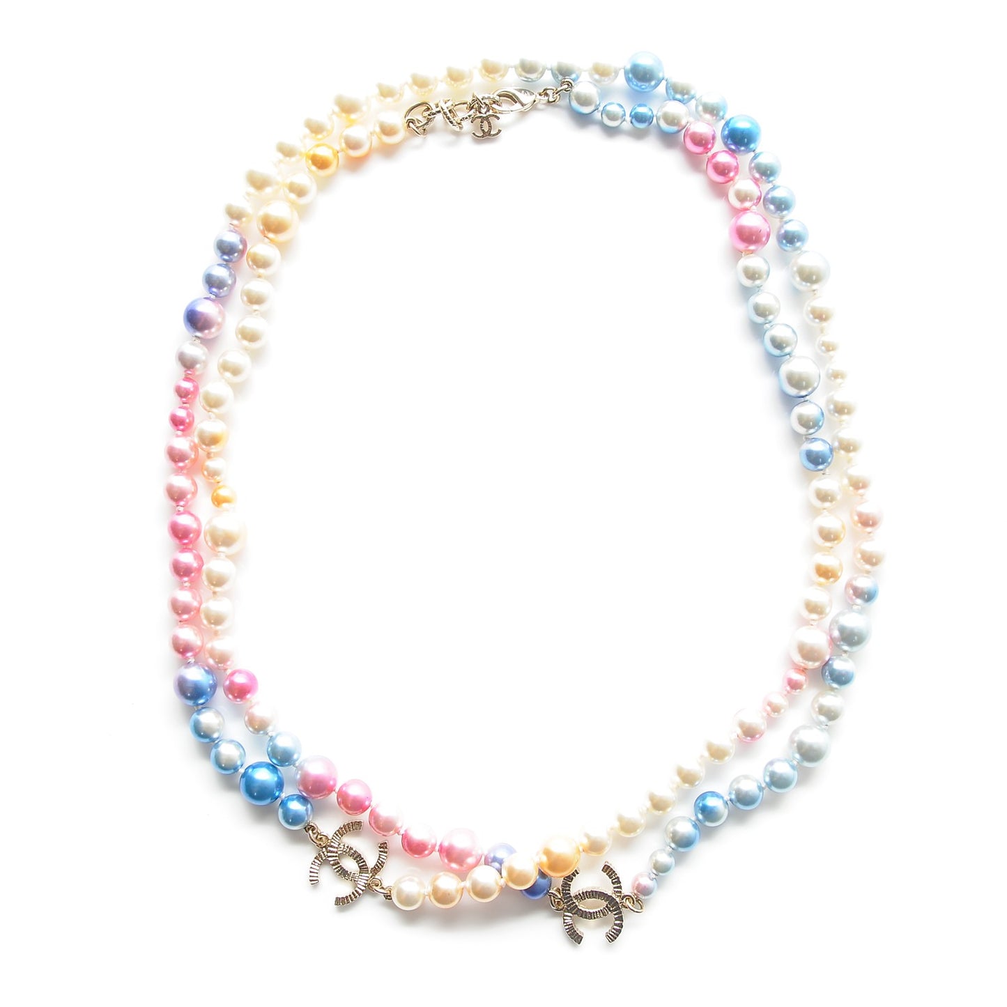 Beaded Pearl CC Long Strand Necklace Gold Multicolor