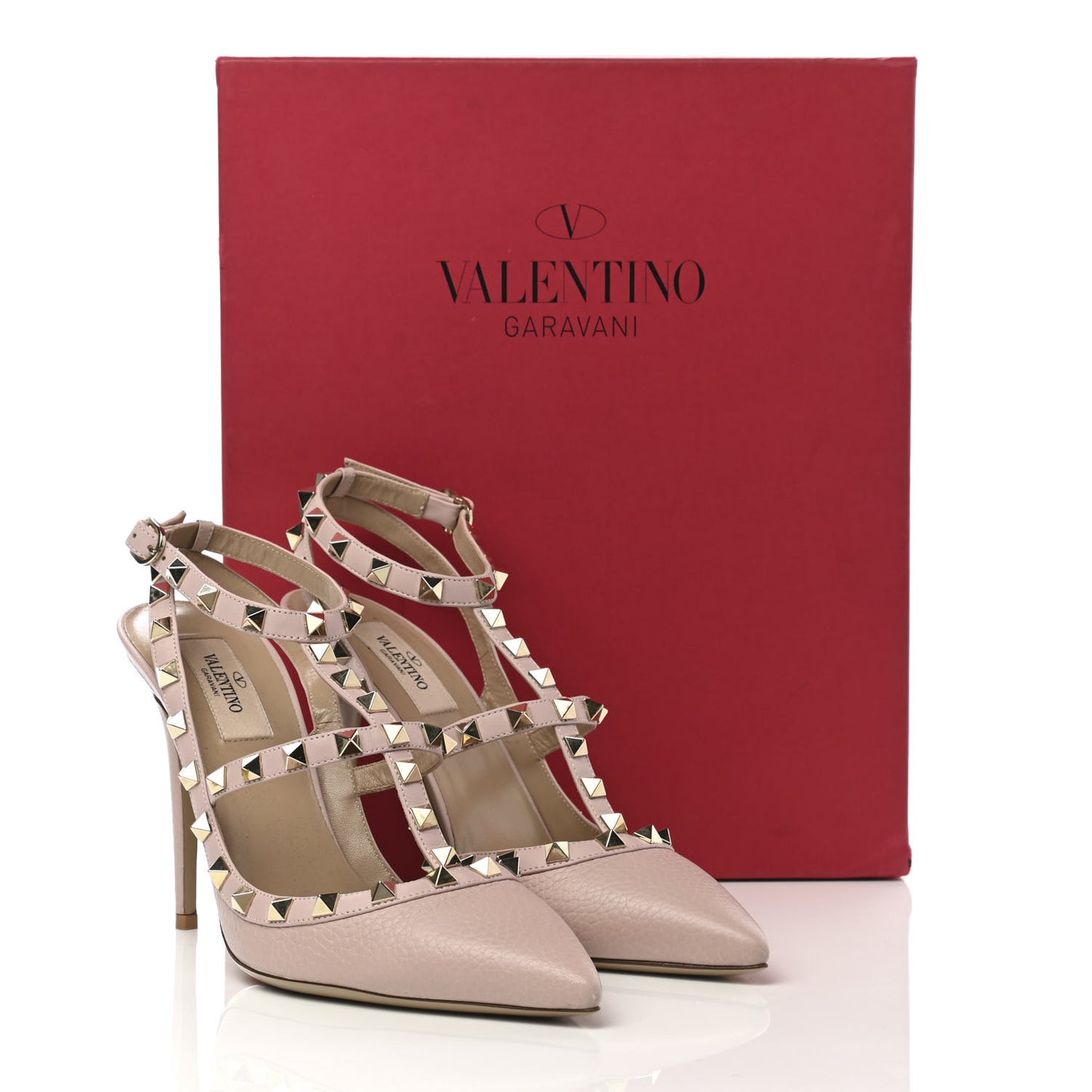 Pebbled Calfskin Rockstud Ankle Strap 100mm Pumps 39.5 Poudre