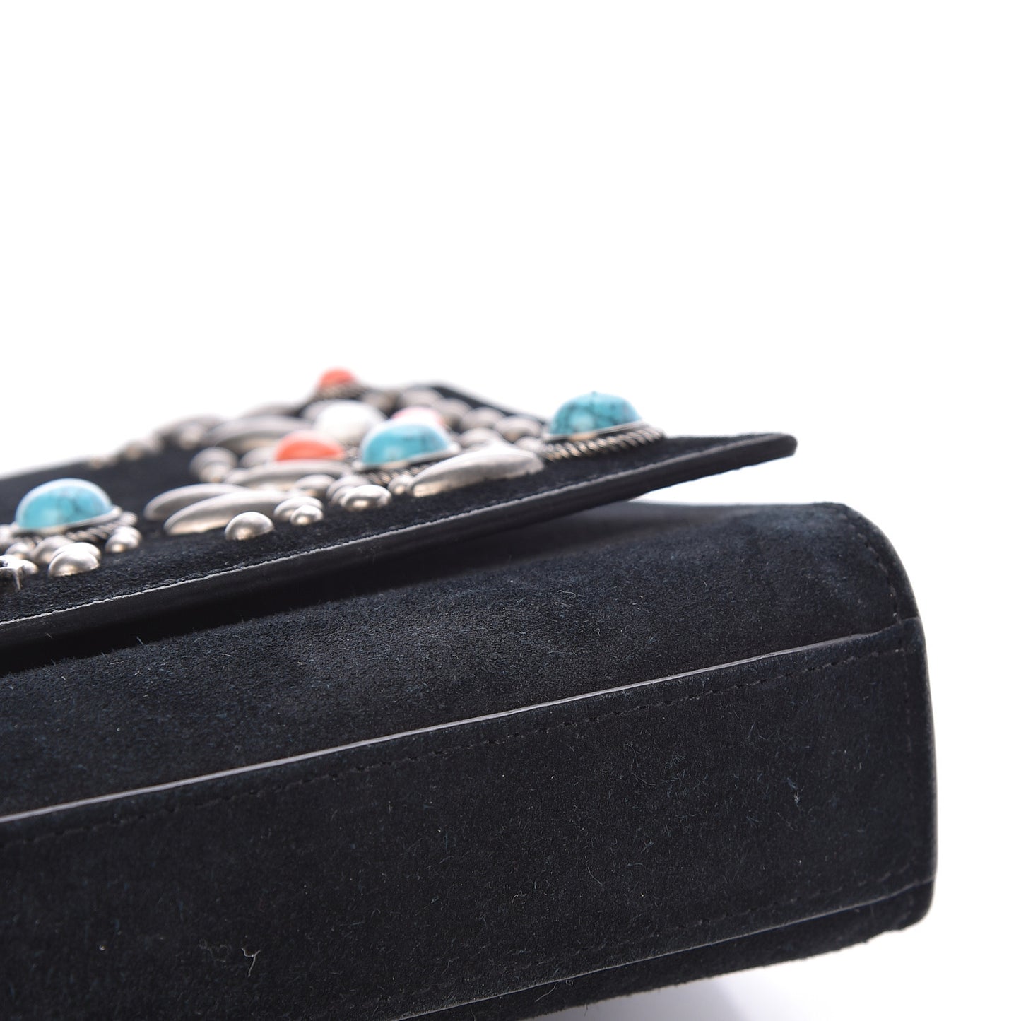 Suede Small Monogram Stone Studded Kate Satchel Black Turquoise Coral