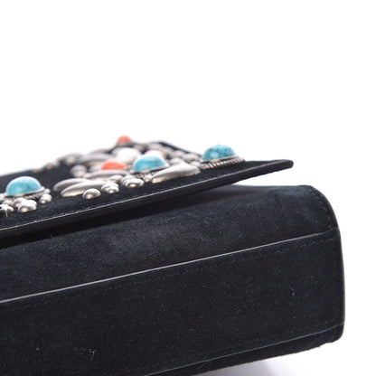 Saint Laurent Suede Small Monogram Stone Studded Kate Satchel Black Turquoise Coral 18 of 23