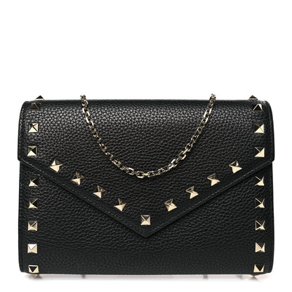 Valentino Garavani Pebbled Calfskin Rockstud Envelope Wallet On Chain Black 1 of 8