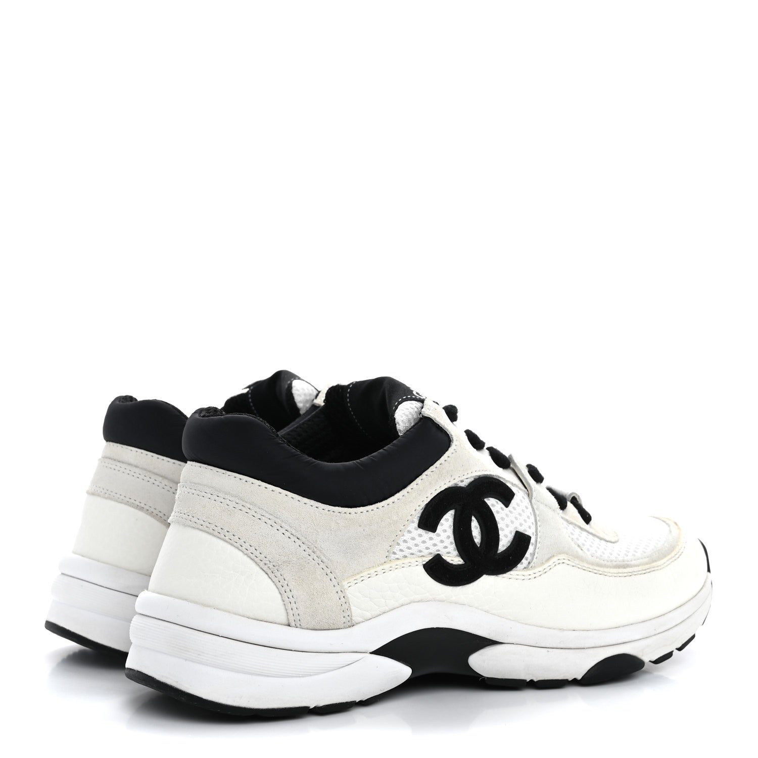 Chanel Mesh Suede Calfskin Grained Calfskin Womens CC Sneakers 37.5 White Black 5 of 12