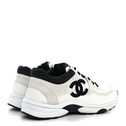 Chanel Mesh Suede Calfskin Grained Calfskin Womens CC Sneakers 37.5 White Black 5 of 12