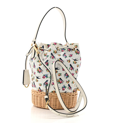 Prada Wicker Canvas Floral Print Bucket Bag White Multicolor 3 of 11