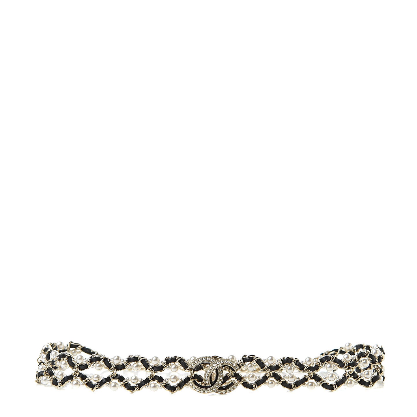 Pearl Lambskin CC Chain Twist Choker Necklace Black Gold