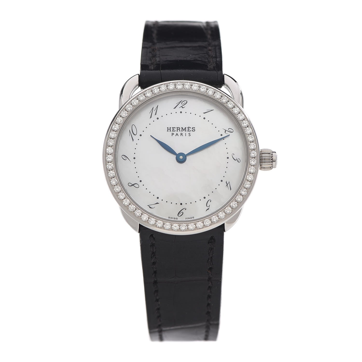 Hermes Stainless Steel Alligator Diamond Mother of Pearl 28mm Arceau Quartz Watch Noir 1 of 5