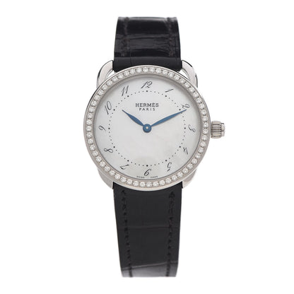 Hermes Stainless Steel Alligator Diamond Mother of Pearl 28mm Arceau Quartz Watch Noir 1 of 5