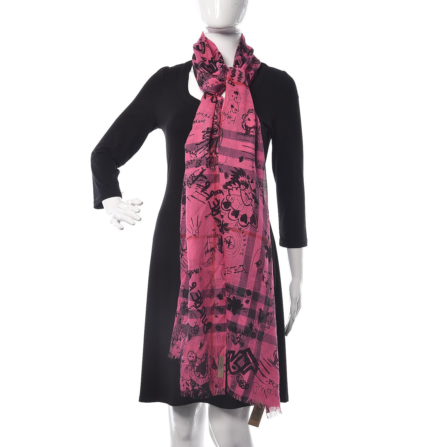 Burberry Wool Silk Gauze Giant Check Doodle Text Print Scarf Neon Pink 2 of 5