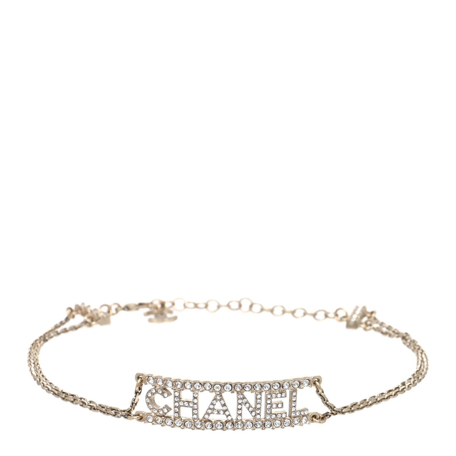 Chanel Metal Crystal Logo Choker Necklace Gold 2 of 3