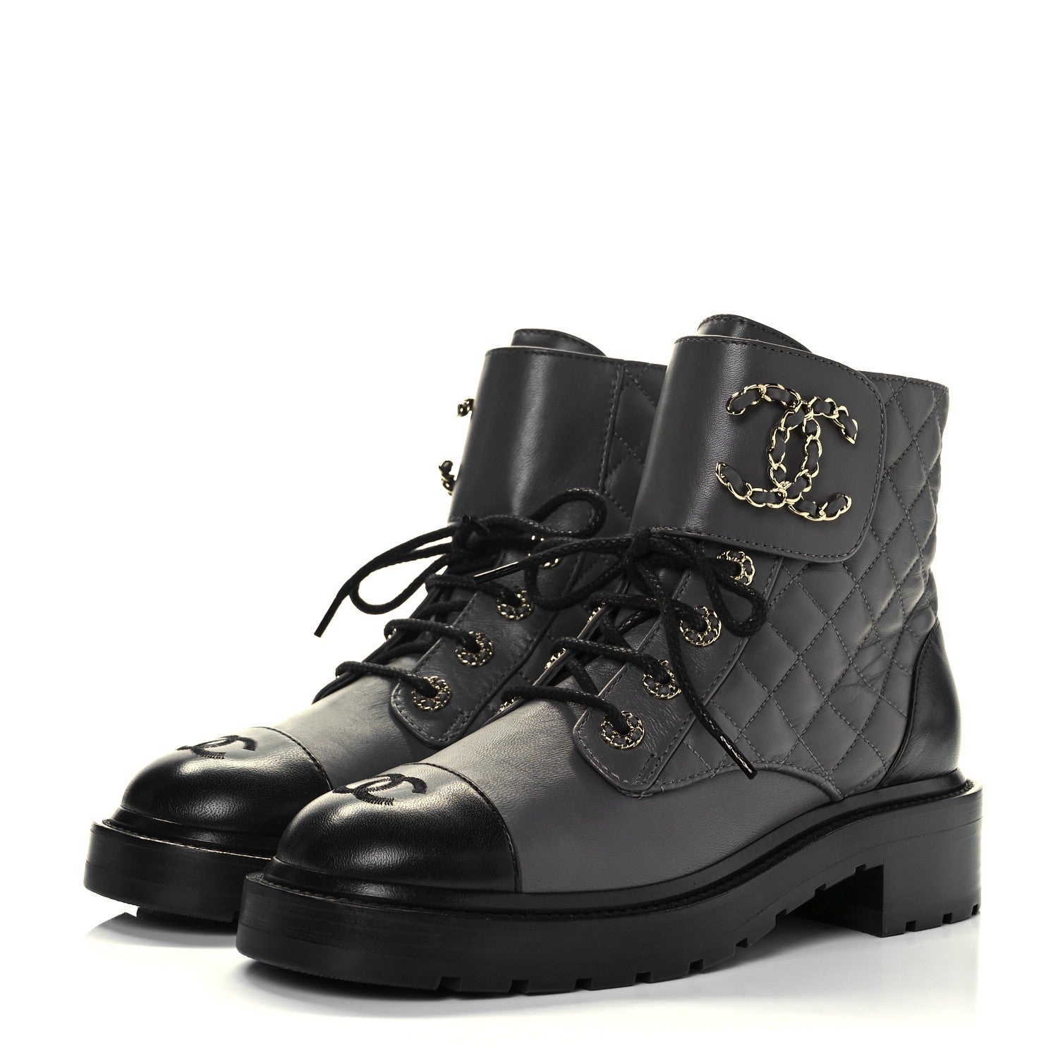 Chanel Shiny Lambskin Quilted Lace Up Combat Boots 38.5 Grey Black 3 of 8