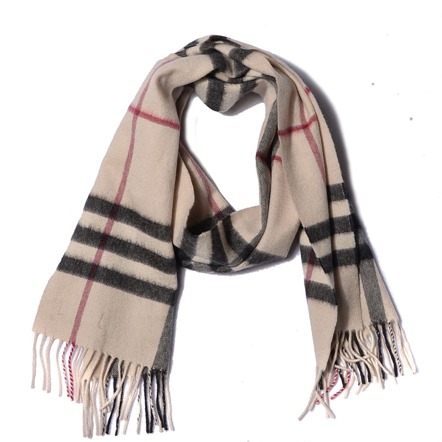Cashmere Giant Check Fringe Scarf Ivory