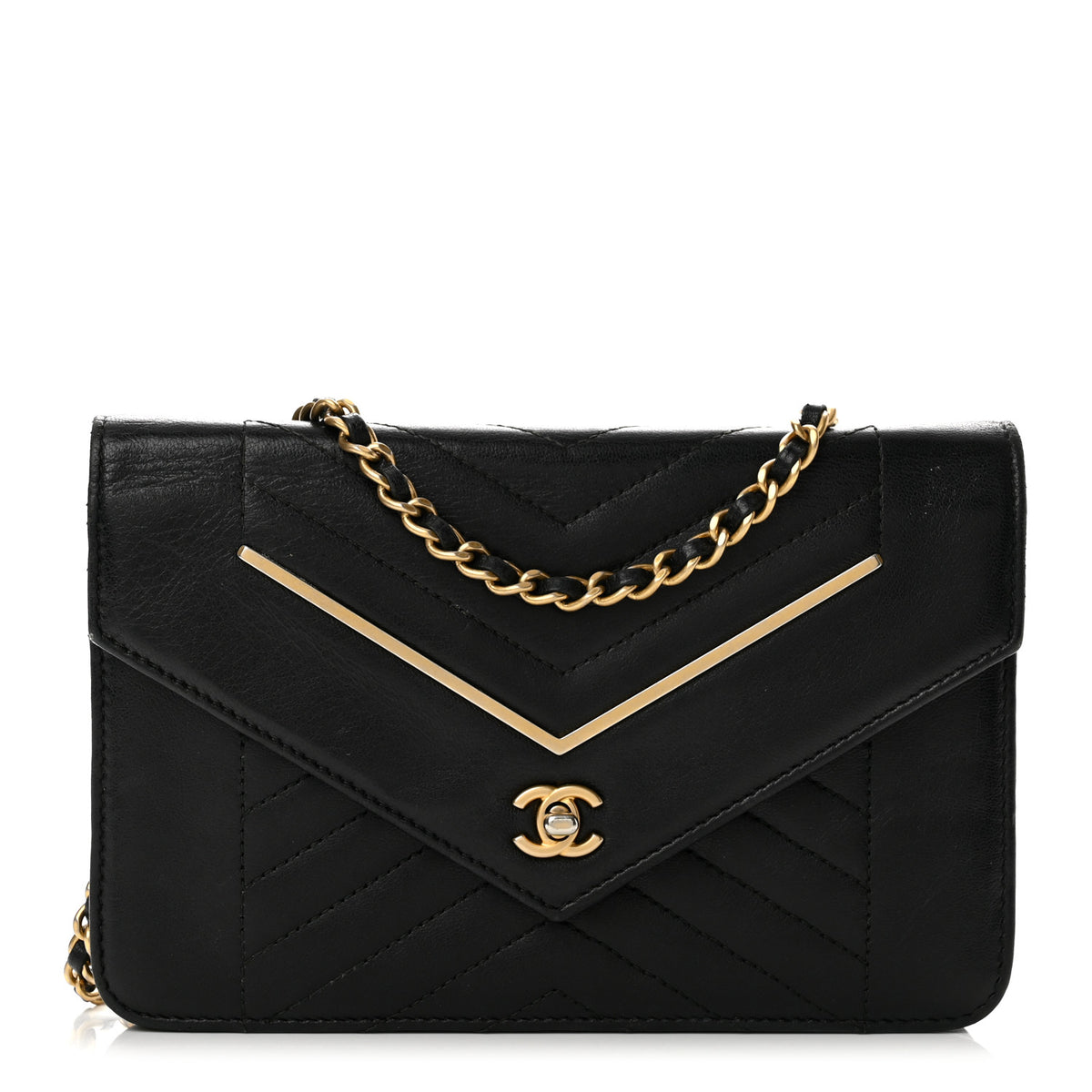 Chanel Lambskin Chevron Quilted Wallet On Chain WOC Black 1 of 13