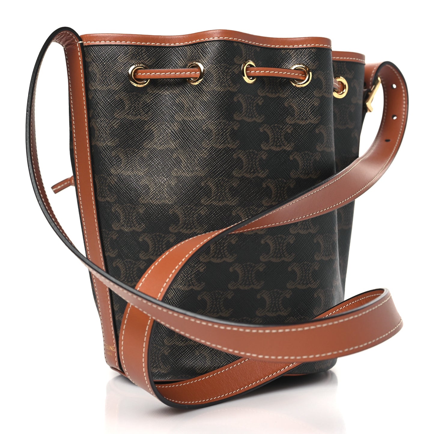 Triomphe Canvas Calfskin Small Drawstring Bucket Bag Tan