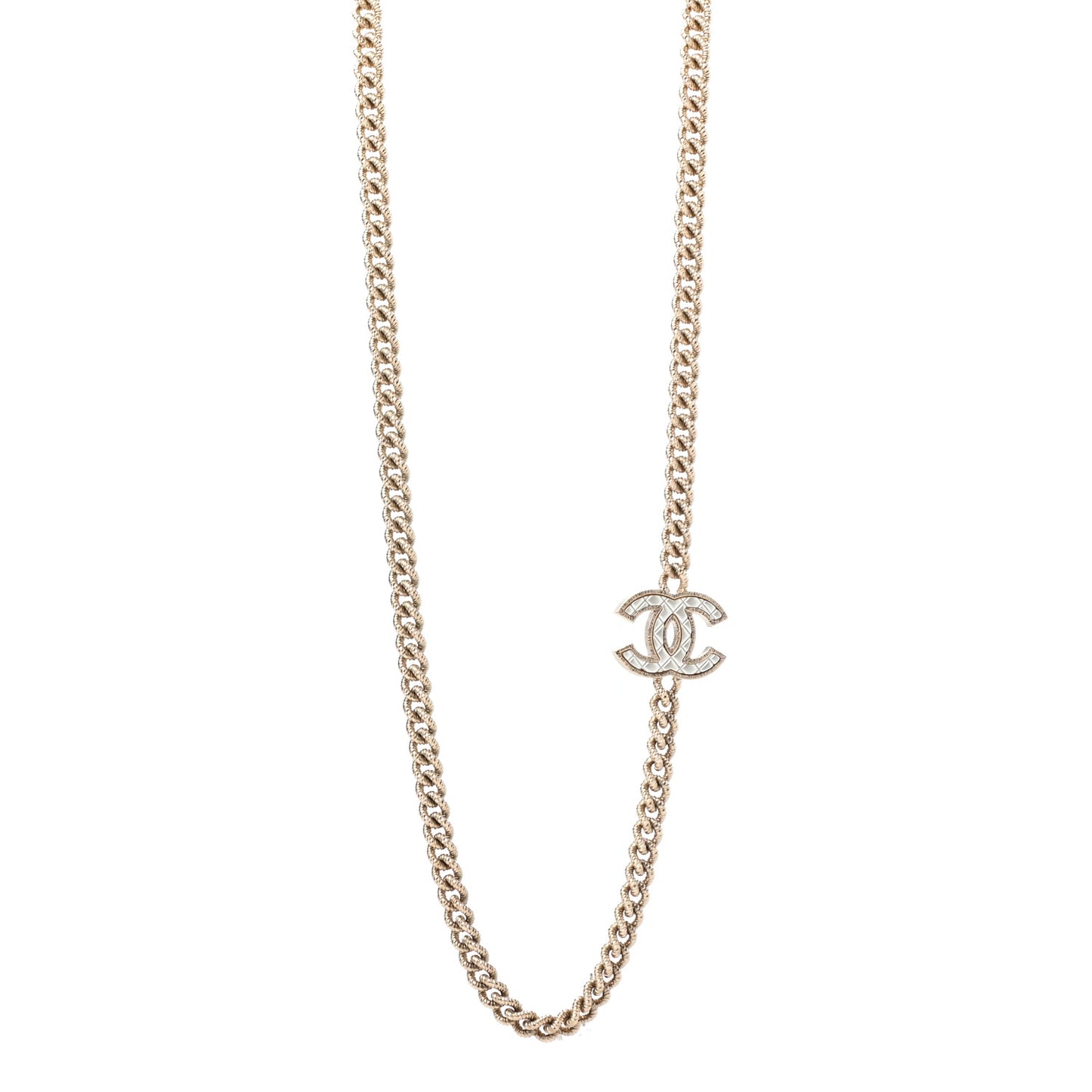 Quilted CC Long Chain Necklace Gold Pearly White