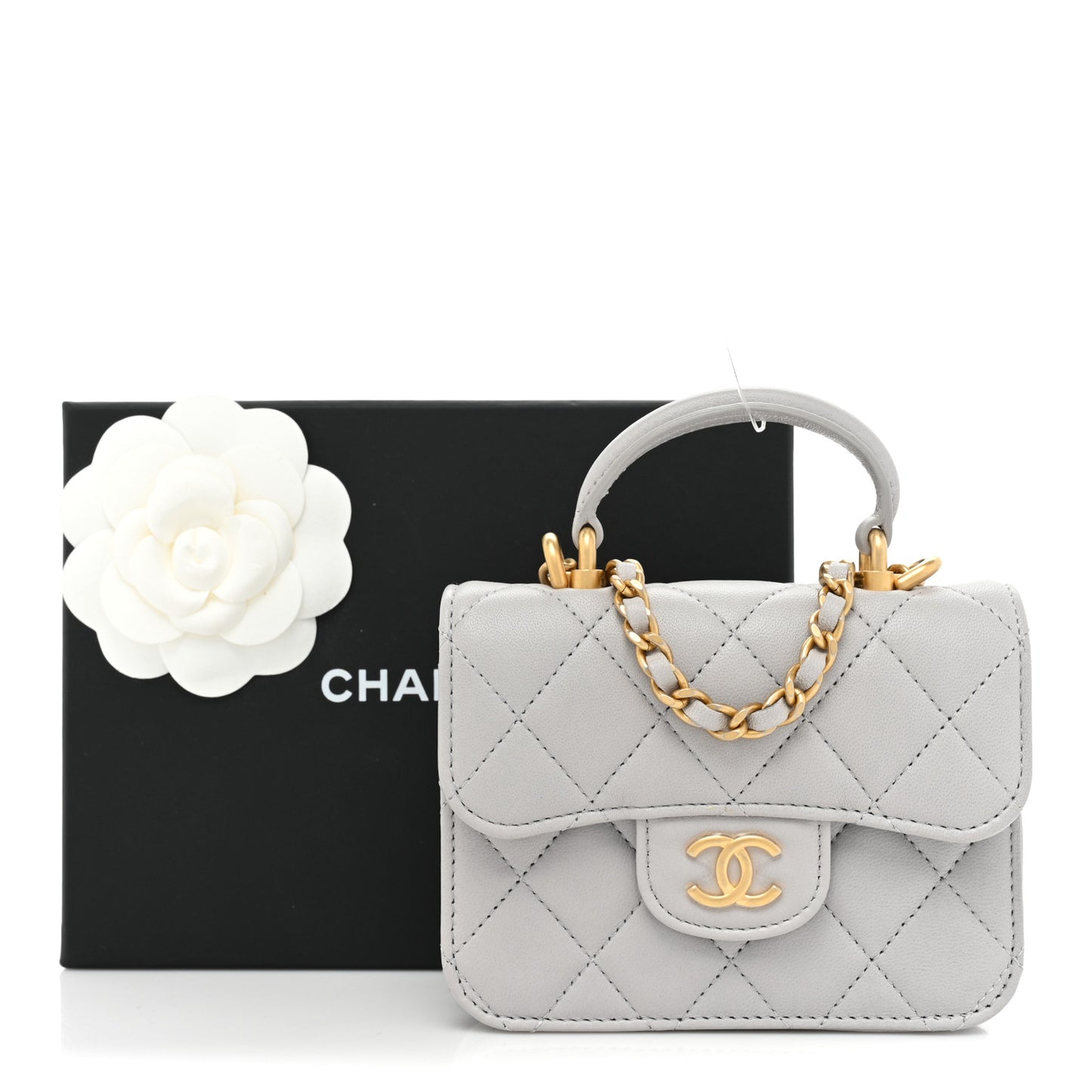 Lambskin Quilted Top Handle Flap Coin Purse With Chain Grey