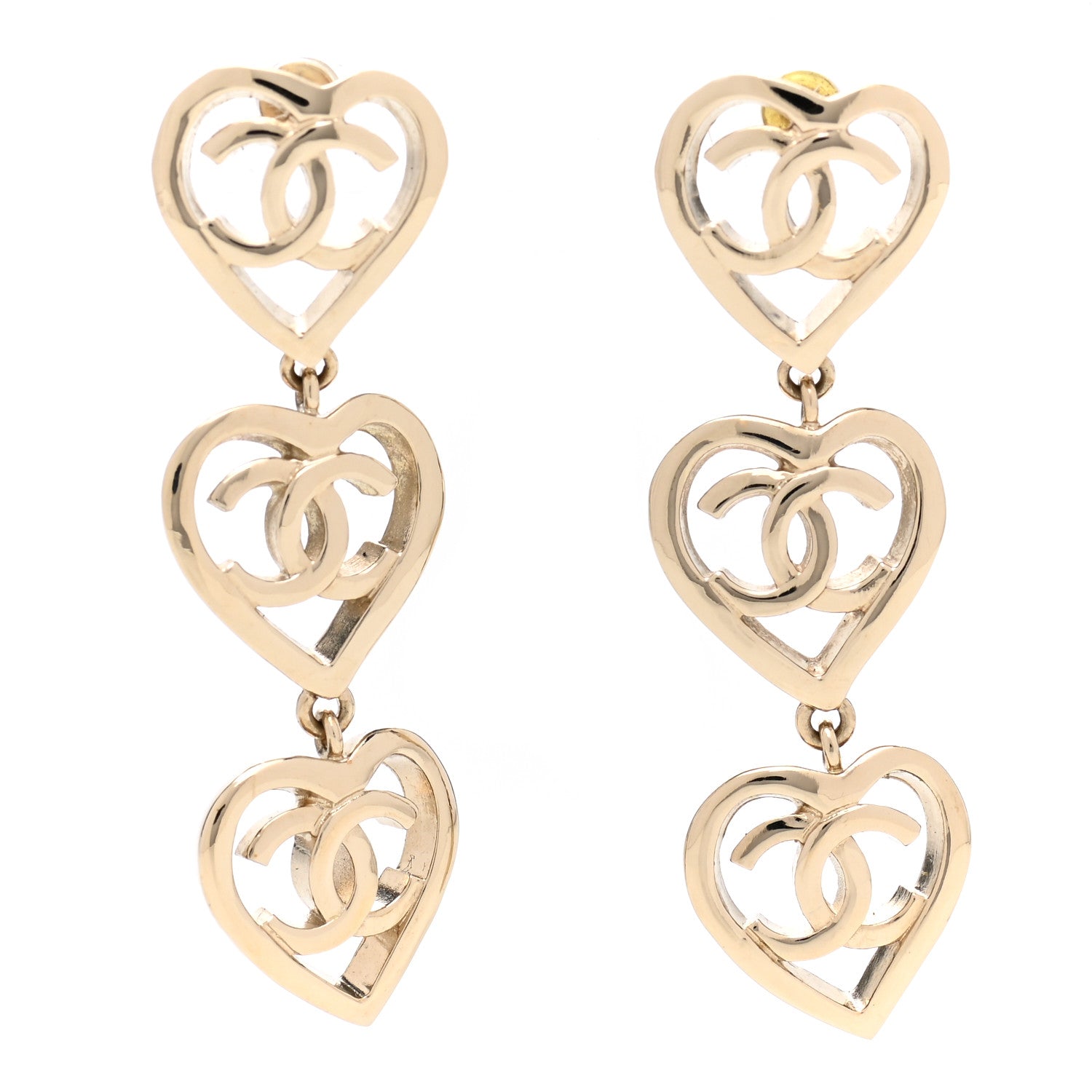 Chanel Metal CC Triple Heart Drop Earrings Gold 1 of 5