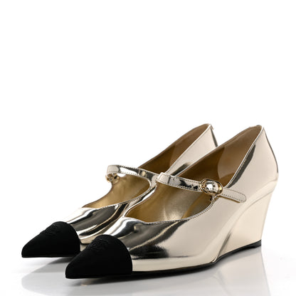 Chanel Laminated Calfskin Grosgrain Cap Toe CC Pointed Toe Wedge Pumps 38 Gold Black 3 of 9