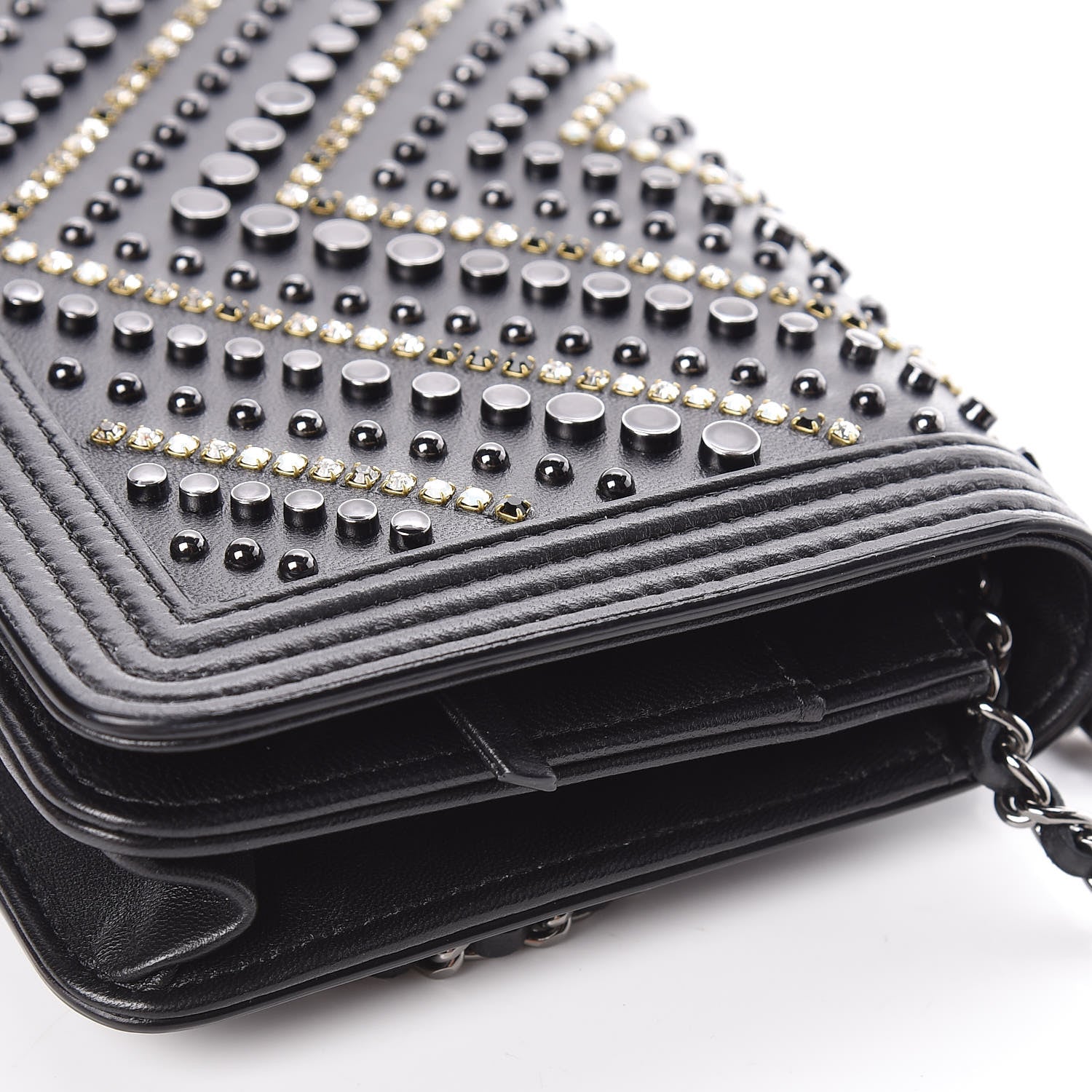Chanel Calfskin Crystal Studded Chevron Boy Wallet On Chain WOC Black 13 of 17