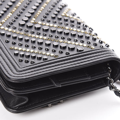 Chanel Calfskin Crystal Studded Chevron Boy Wallet On Chain WOC Black 13 of 17