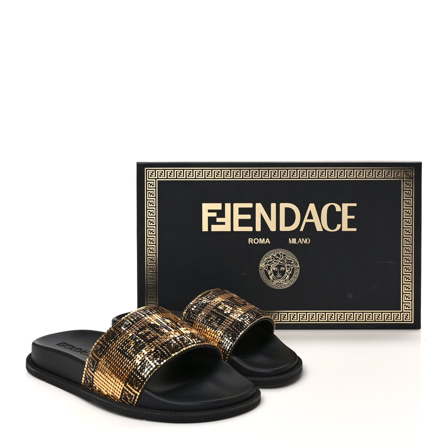 Versace X FENDI Metal Chainmail Mesh Pool Slides 38 Gold Black 8 of 8