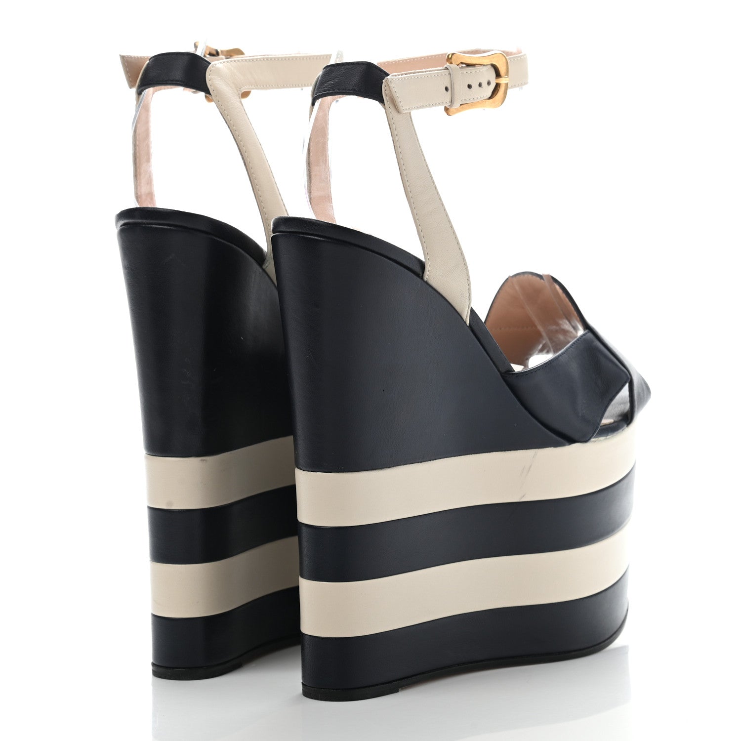 Gucci Nappa Striped Sally Platform Wedge Sandals 37 Navy Ivory 4 of 17
