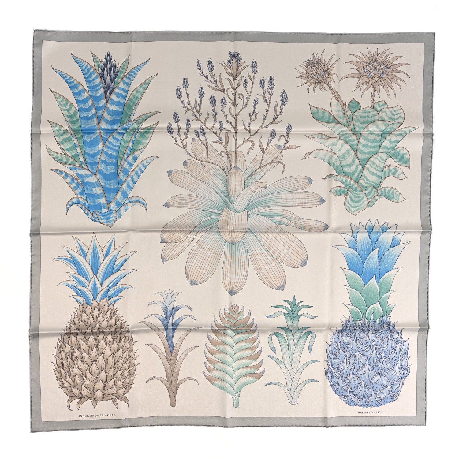Hermes Silk Index Bromeliaceae Scarf 90 Gris Argent Bleu Vert Amande 1 of 6