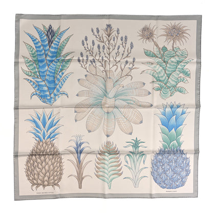 Hermes Silk Index Bromeliaceae Scarf 90 Gris Argent Bleu Vert Amande 1 of 6