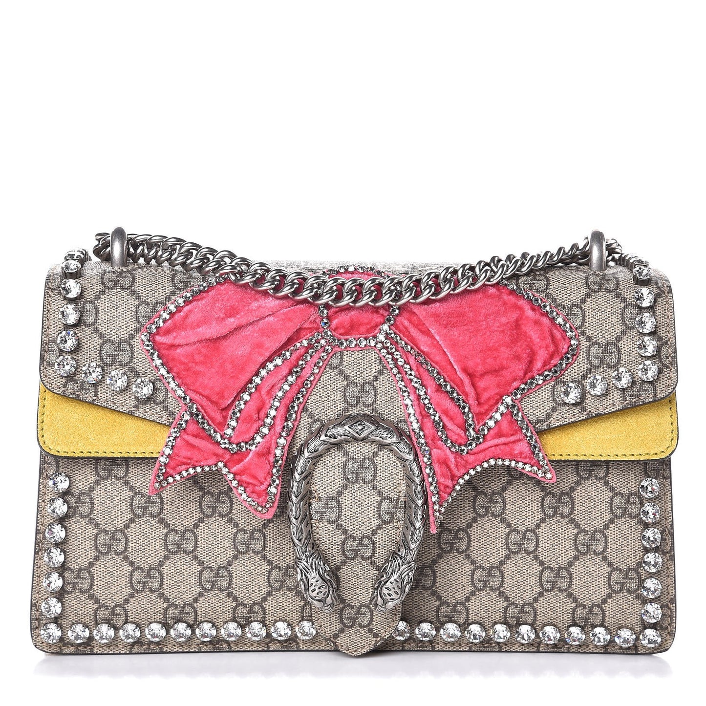 GG Supreme Monogram Crystal Bow Embroidered Small Dionysus Shoulder Bag Yellow