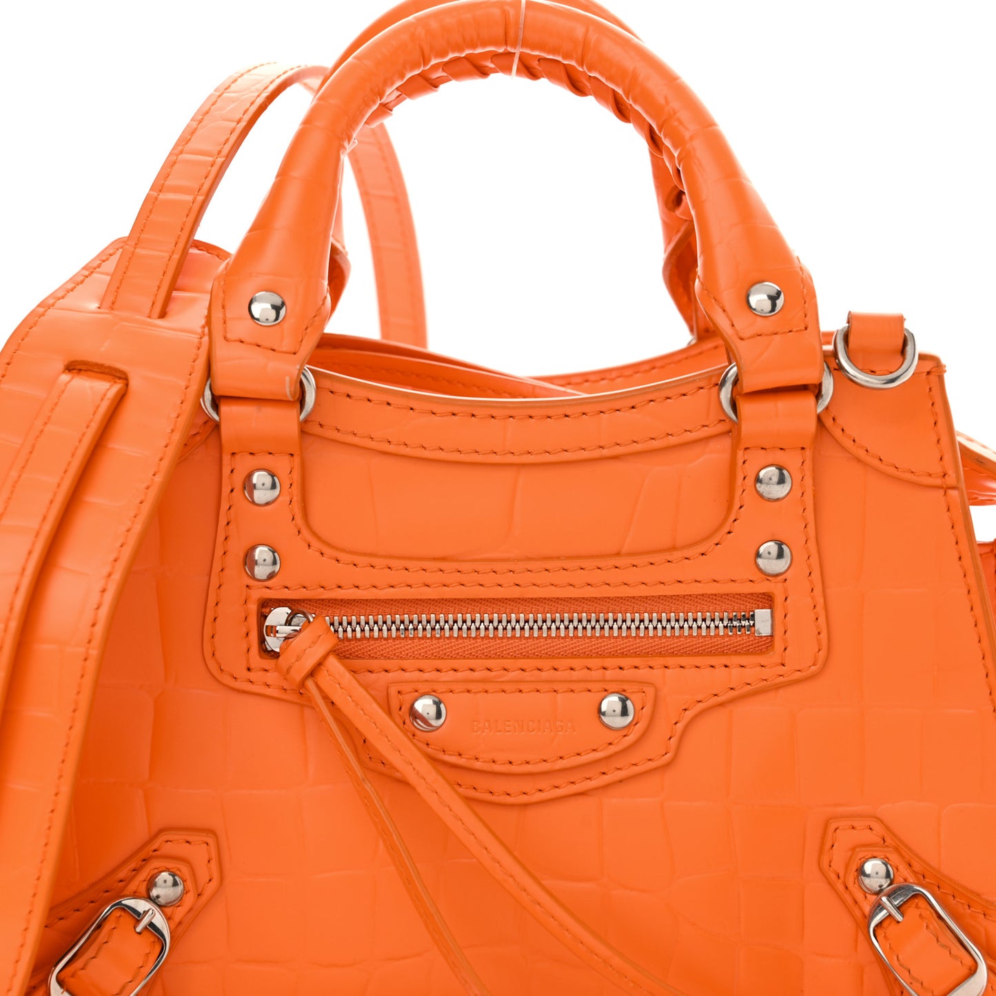 Semi Shiny Calfskin Crocodile Embossed Neo Classic Silver Hardware Mini City Orange