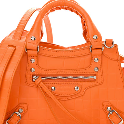 Balenciaga Semi Shiny Calfskin Crocodile Embossed Neo Classic Silver Hardware Mini City Orange 8 of 11