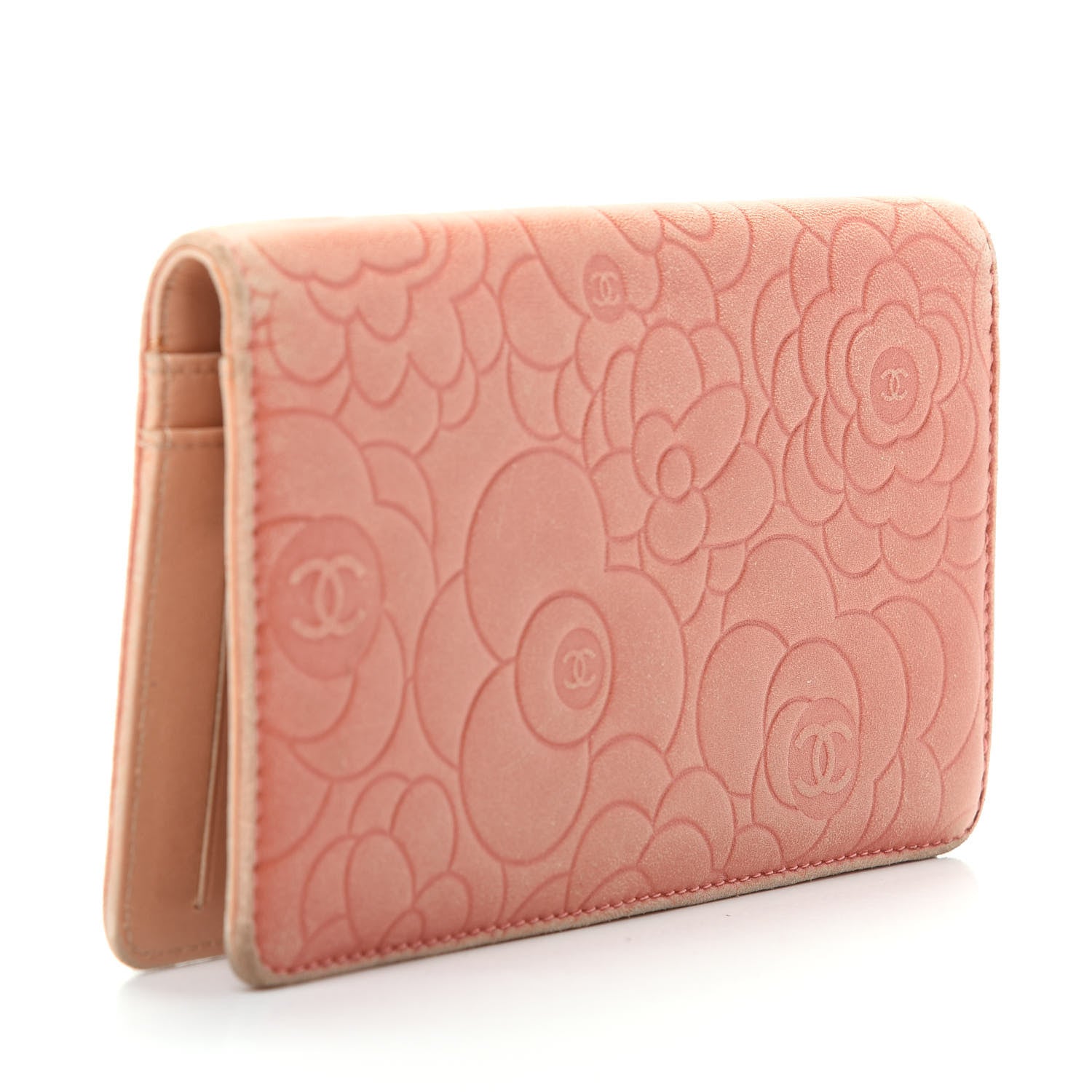 Chanel Lambskin Camellia Embossed Yen Wallet Pink 3 of 10
