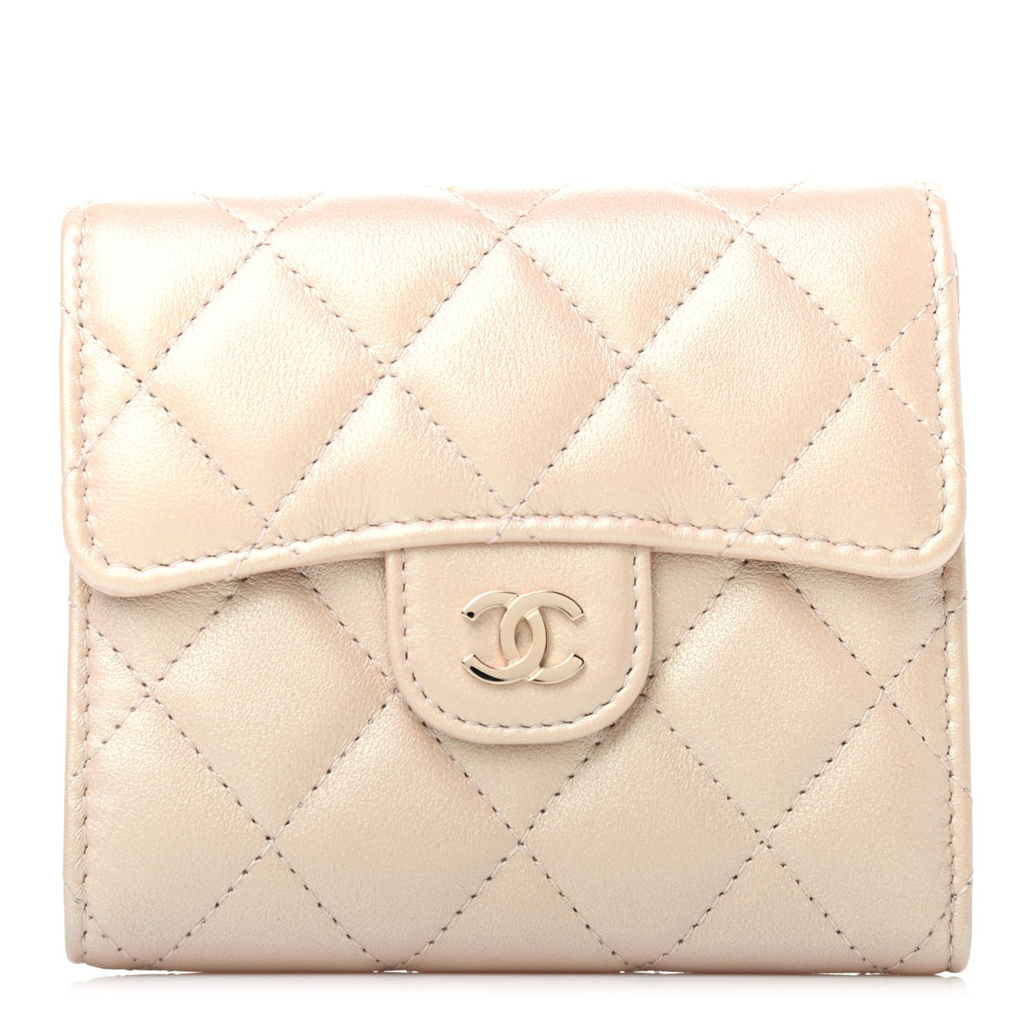 Iridescent Calfskin Quilted Compact Flap Wallet Beige