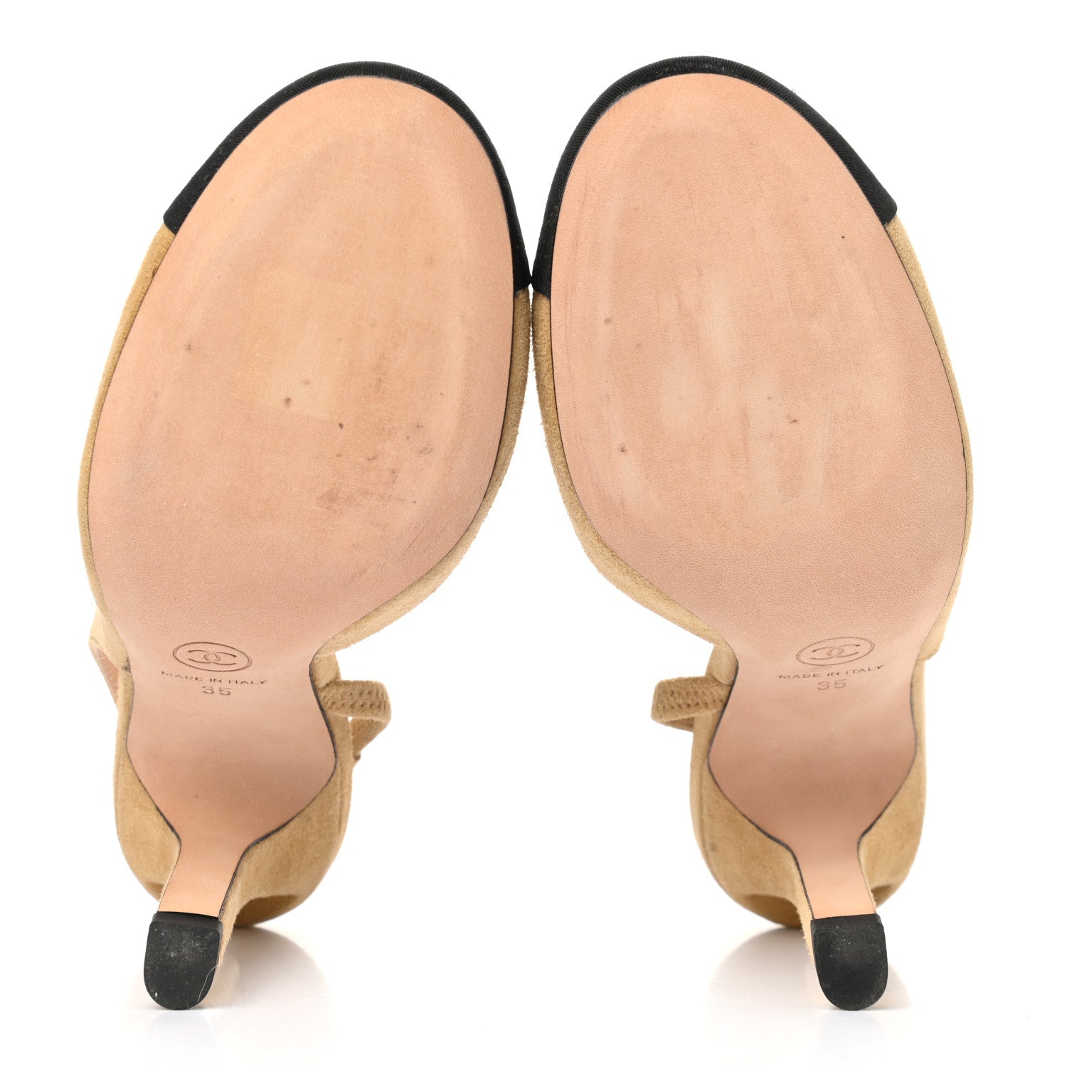 Chanel Kid Suede Grosgrain Cap Toe Pearl Slingback Sandals 35 Beige Black 5 of 11