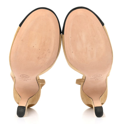 Chanel Kid Suede Grosgrain Cap Toe Pearl Slingback Sandals 35 Beige Black 5 of 11