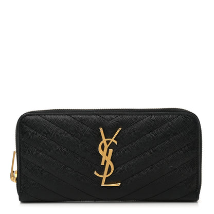 Saint Laurent Grain De Poudre Matelasse Chevron Monogram Zip Around Wallet Black 1 of 9