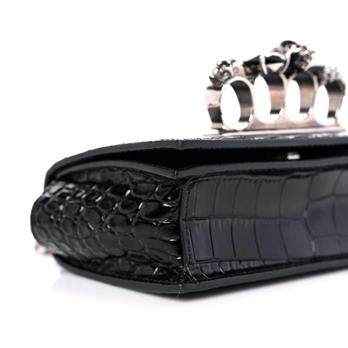Shiny Crocodile Embossed Jeweled Satchel Black