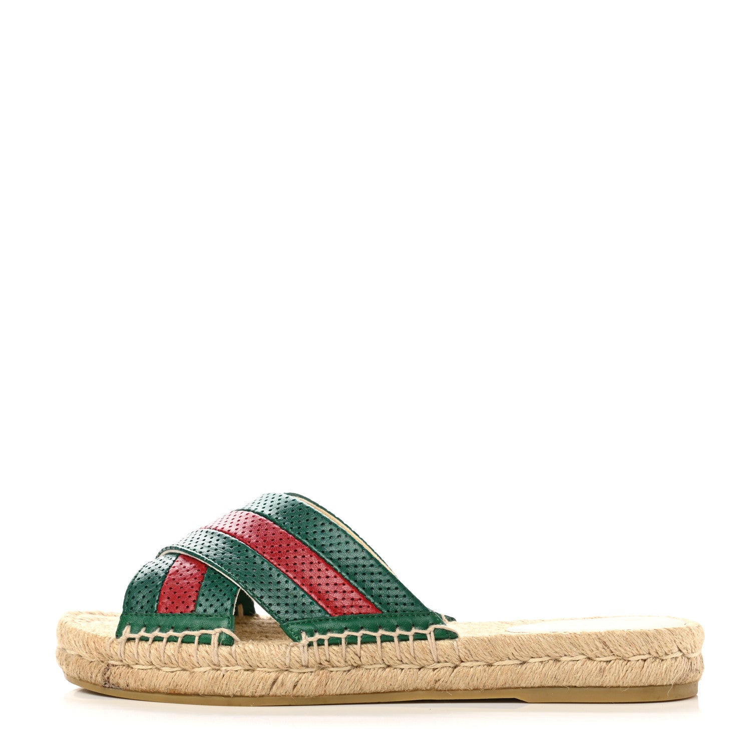 Gucci Malaga Kid Perforated Criss Cross Espadrille Slide Sandals 37 Emerald Hibiscus Red 1 of 10
