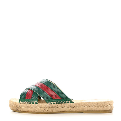 Gucci Malaga Kid Perforated Criss Cross Espadrille Slide Sandals 37 Emerald Hibiscus Red 1 of 10