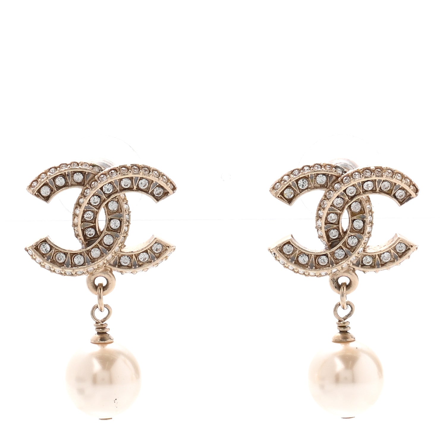 Chanel Crystal Timeless CC Pearl Drop Earrings Light Gold 1 of 4